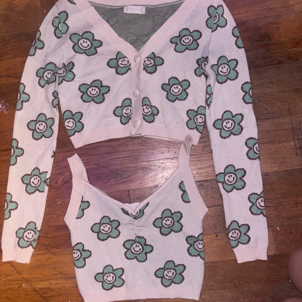Altar'd State Cream and Green Floral Cardigan Set